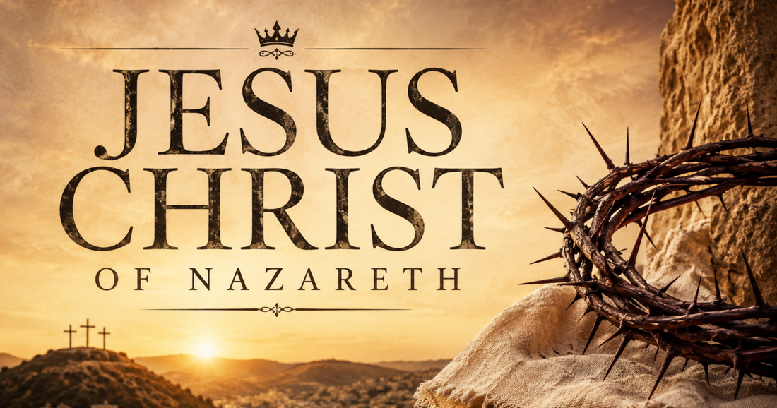Image of the words 'Jesus Christ of Nazareth' with a crown of thorns and three crosses in the background