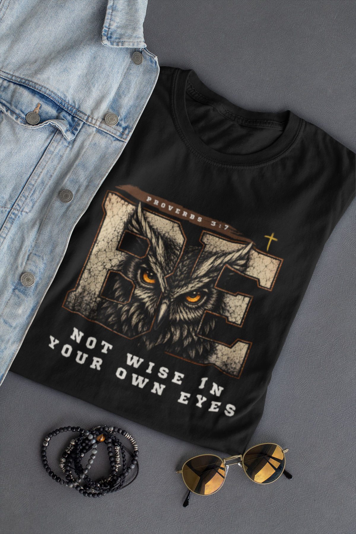 Folded Be Not Wise Christian shirt with vintage owl artwork inspired by Proverbs 3:7.