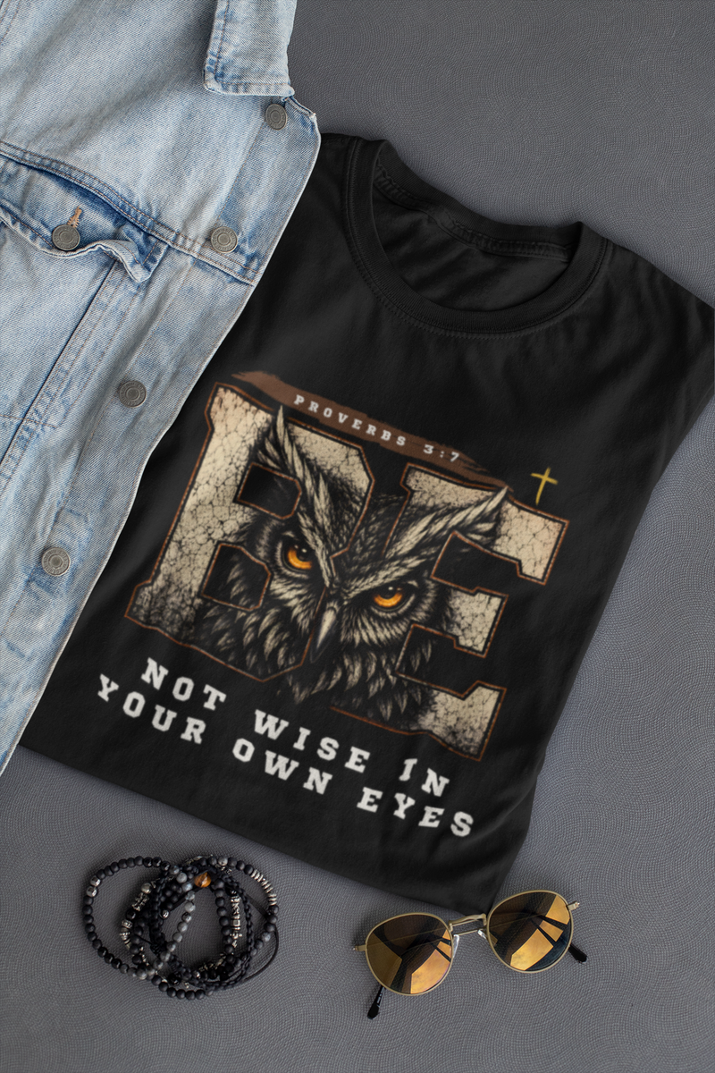 Folded Be Not Wise Christian shirt with vintage owl artwork inspired by Proverbs 3:7.