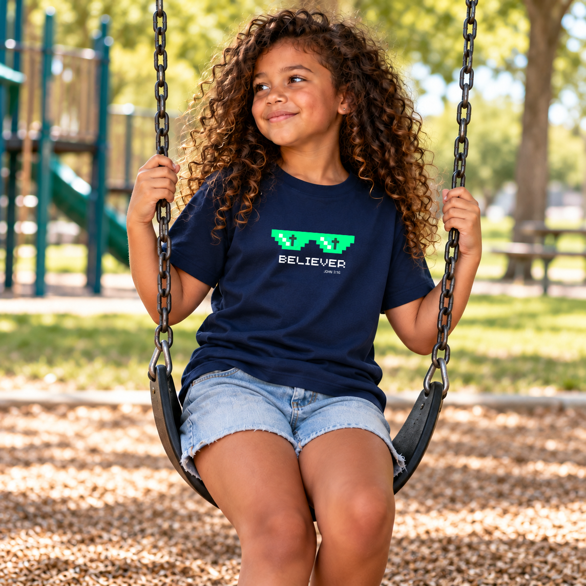 Young girl sitting on a swing wearing a navy christian shirt that says "Believer" "john 3:16" underneath neon green pixel glasses that have crosses in the lenses.