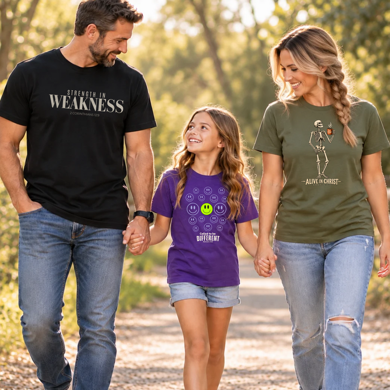 Family of three walking down a path wearing Christian faith apparel by SeedSowerGraphics