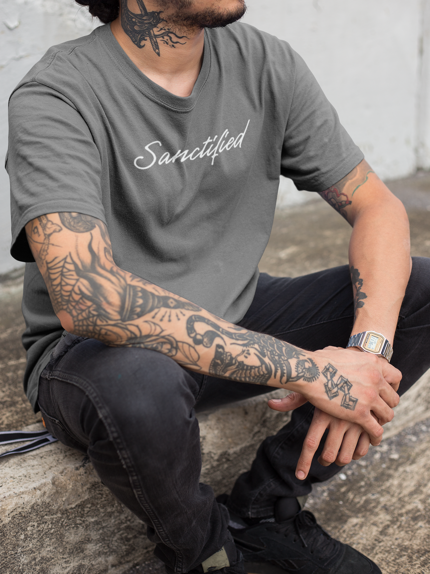 Sanctified – Christian Minimal Script Tee | Set Apart in Christ