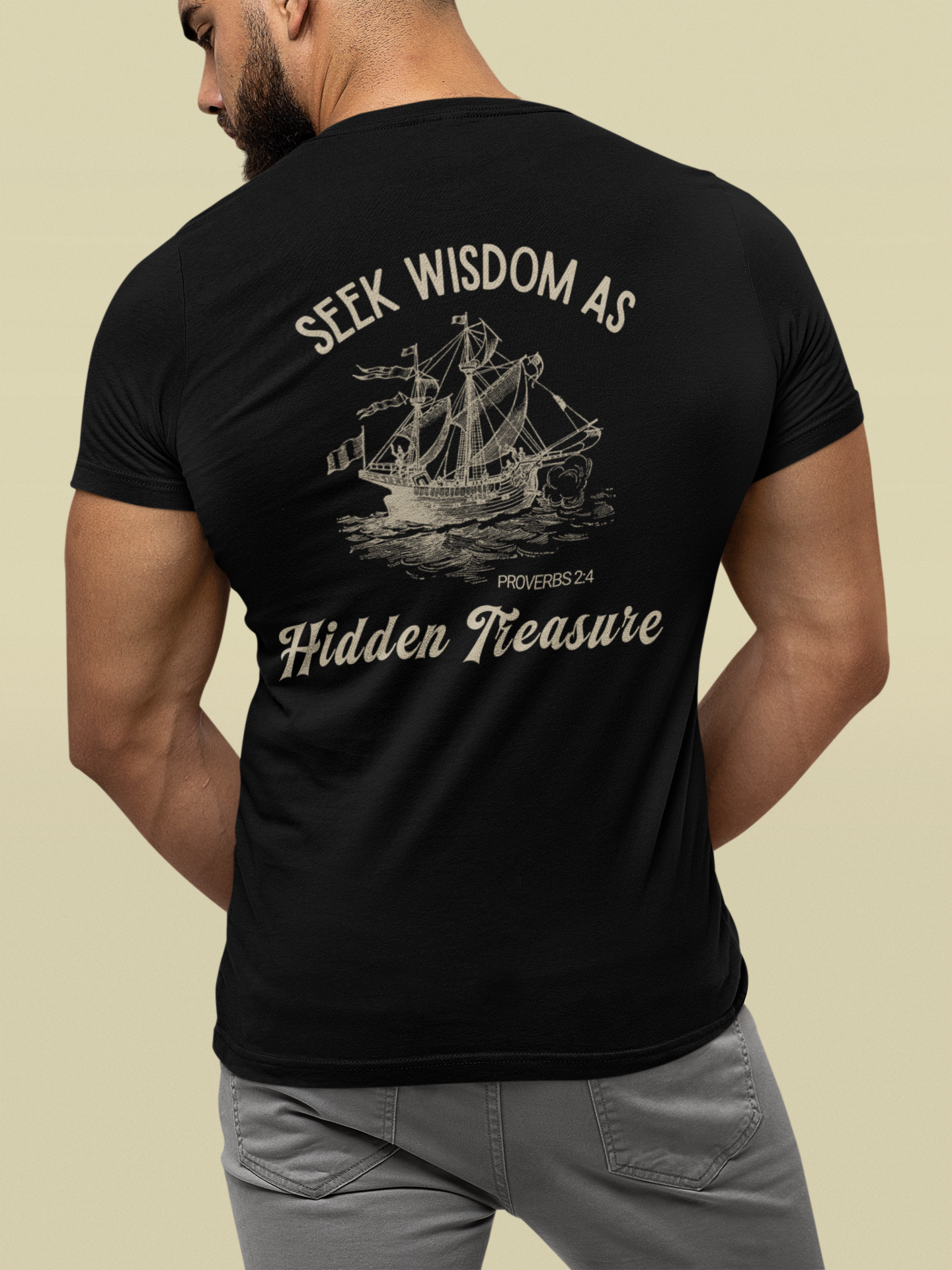 Seek Wisdom as Hidden Treasure Christian Graphic Tee | Proverbs 2:4 Unisex Bible Truth Shirt for Adults