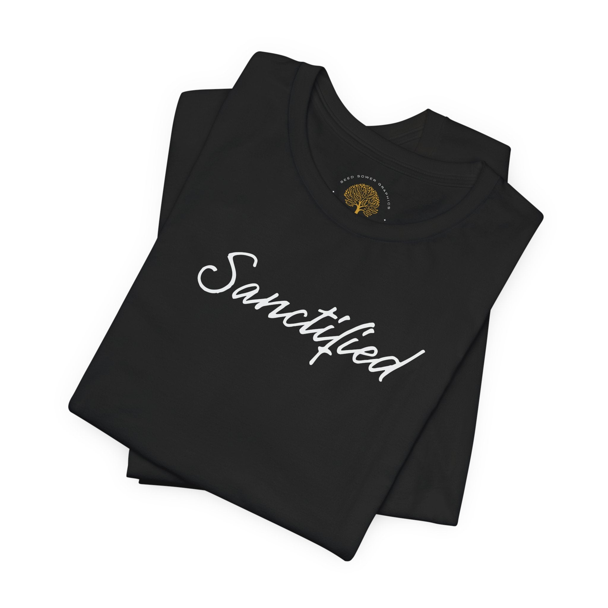 Sanctified – Christian Minimal Script Tee | Set Apart in Christ