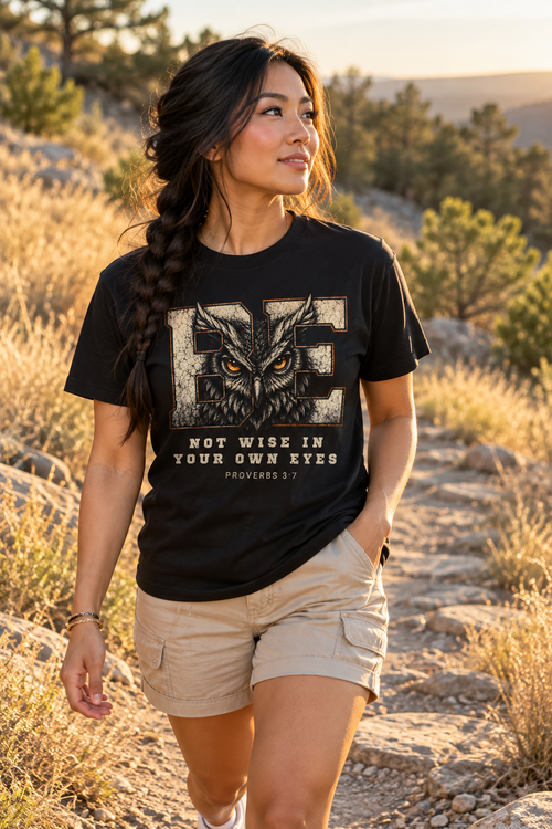 A woman wearing a black graphic t-shirt with a large owl and the text 'NOT WISE IN YOUR OWN EYES PROVERBS 3:7' walking outdoors on a rocky path surrounded by dry grass and trees.