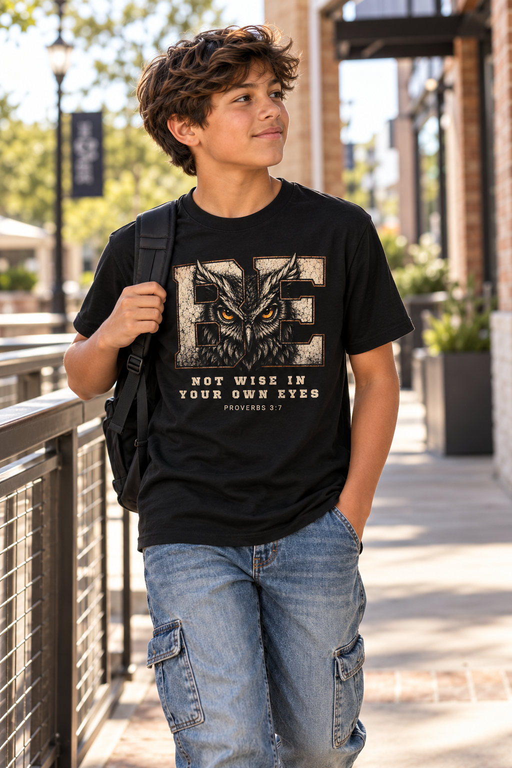 A young man wearing a black graphic t-shirt with an owl design and the text 'NOT WISE IN YOUR OWN EYES PROVERBS 3:7' paired with blue jeans, standing outdoors on a walkway.