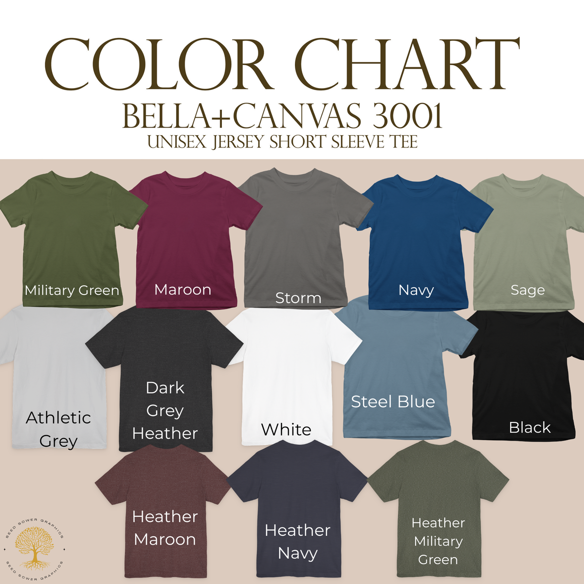 A color chart graphic for Bella+Canvas 3001 unisex jersey short-sleeve t-shirts, showing multiple color options arranged in rows with text labels such as Military Green, Maroon, Storm, Navy, Sage, Athletic Grey, Dark Grey Heather, White, Steel Blue, Black, Heather Maroon, Heather Navy, and Heather Military Green.