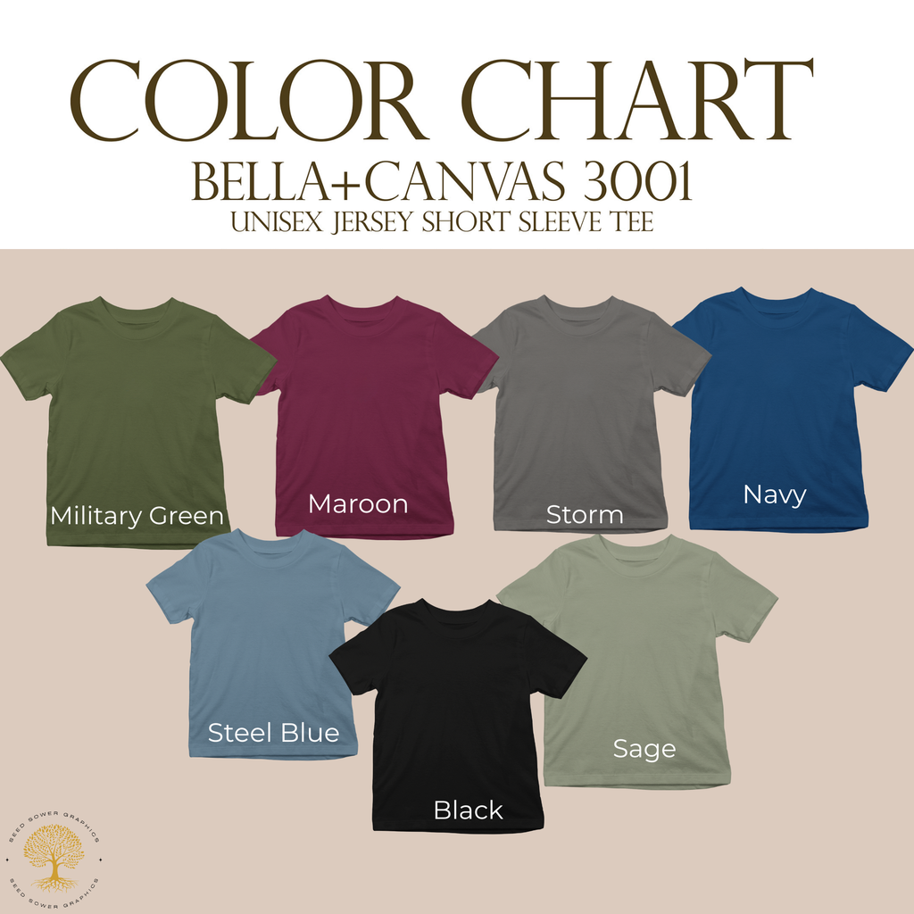 A color chart graphic for Bella+Canvas 3001 unisex jersey short-sleeve t-shirts, showing seven color options: Military Green, Maroon, Storm, Navy, Steel Blue, Black, and Sage. Each shirt is displayed as a flat mockup with its color name labeled underneath, set against a beige background with a white header.
