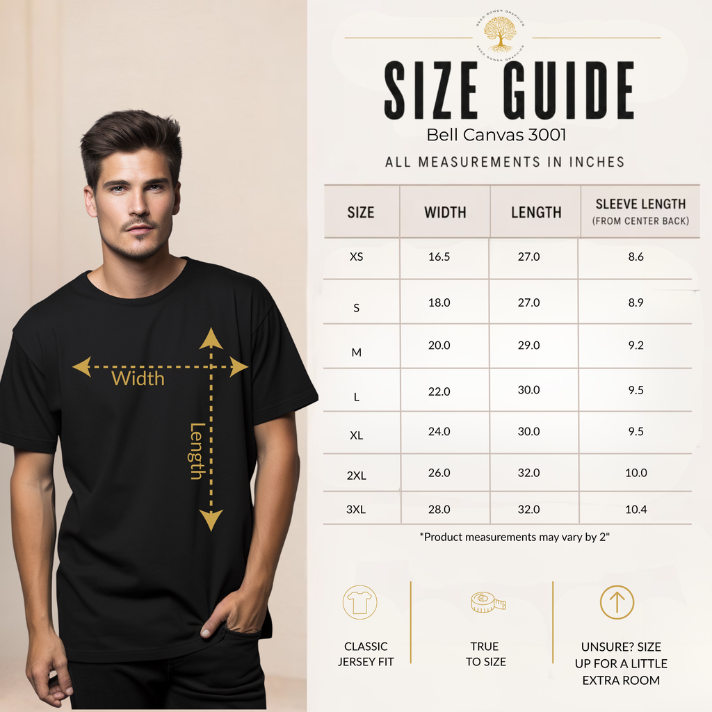 A size guide graphic for a Bell Canvas 3001 t-shirt, showing a man wearing a black shirt with yellow arrows indicating width and length measurements, alongside a detailed sizing table on a beige background.