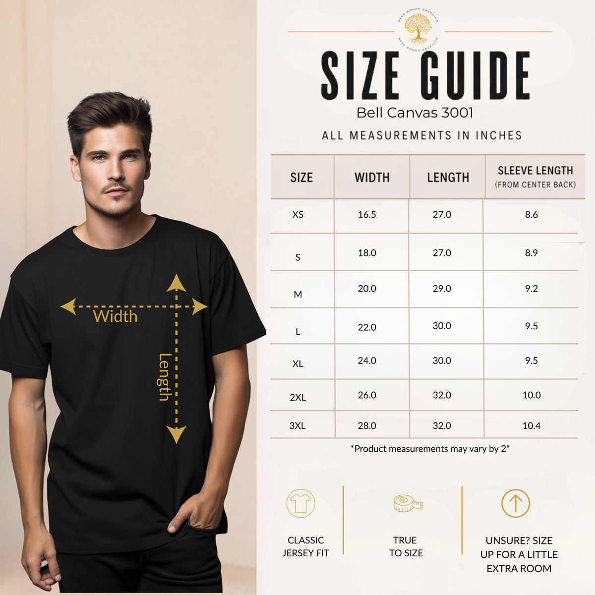 A size guide graphic for a Bell Canvas 3001 t-shirt, showing a man wearing a black shirt with yellow arrows indicating width and length measurements, alongside a detailed sizing table on a beige background.