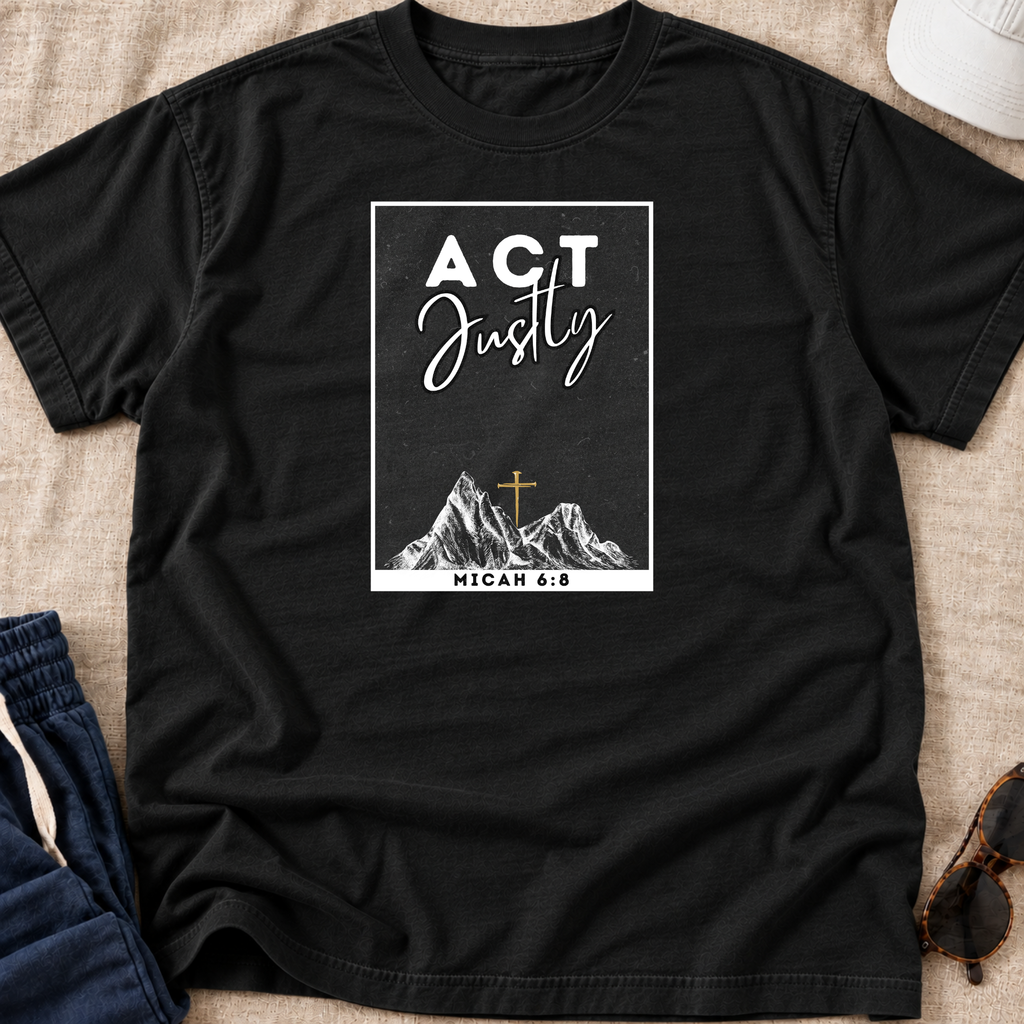 A black short-sleeve graphic T-shirt laid flat on a beige fabric surface, with a white rectangular chest print reading “ACT Justly” above a mountain illustration and “MICAH 6:8.” Blue pants, a white hat, and sunglasses are partially visible as styling props.