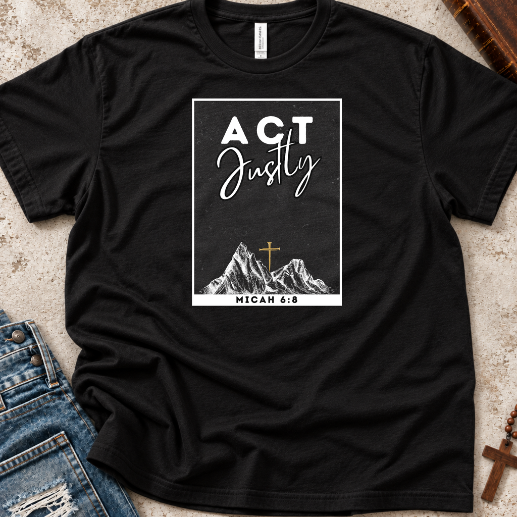 A black short-sleeve graphic T-shirt laid flat on a textured beige surface, styled with blue jeans and a wooden cross nearby. The shirt features a white rectangular print with the words “ACT Justly” above a mountain illustration and a gold cross, with “MICAH 6:8” below.