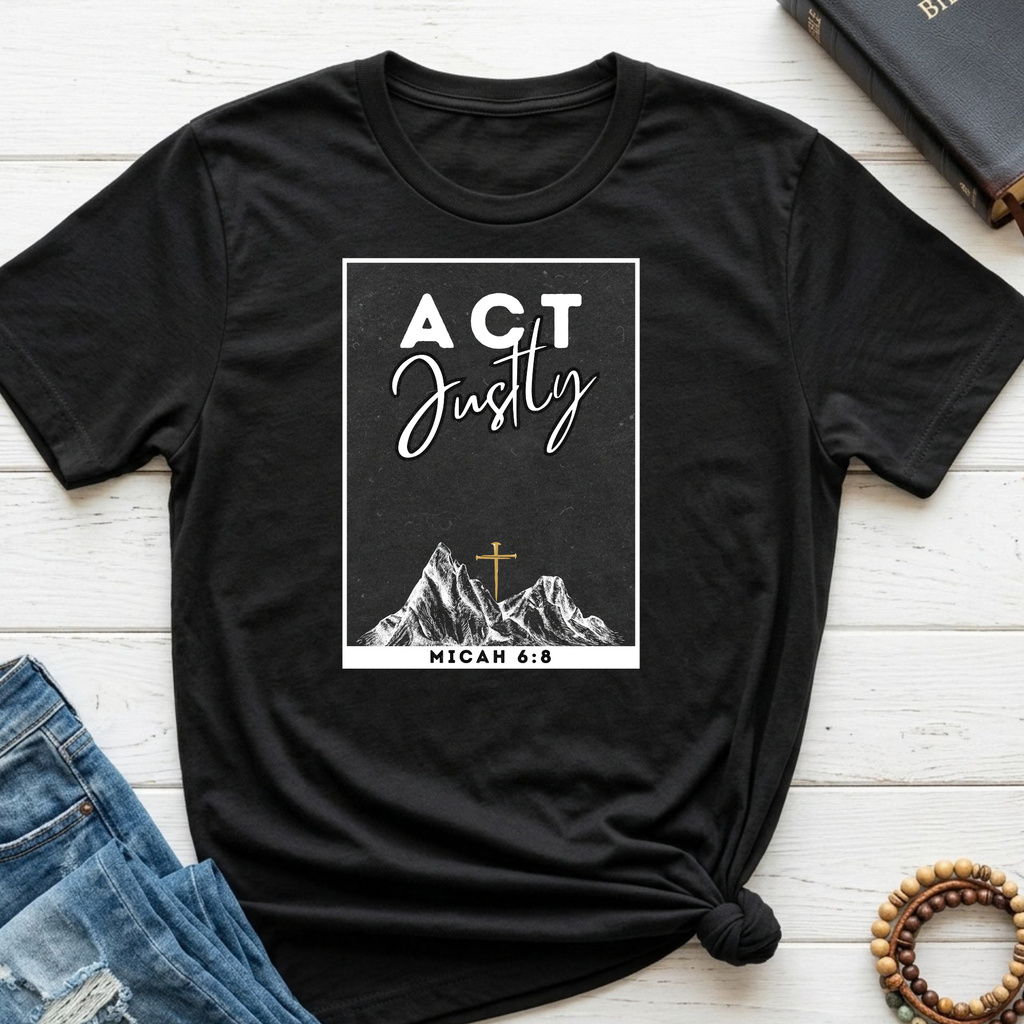 A black short-sleeve graphic T-shirt laid flat on a white wood surface, styled with blue jeans, a closed book, and a beaded bracelet. The shirt has a white rectangular chest graphic reading “ACT Justly” above a mountain illustration with a small cross and “MICAH 6:8” below.