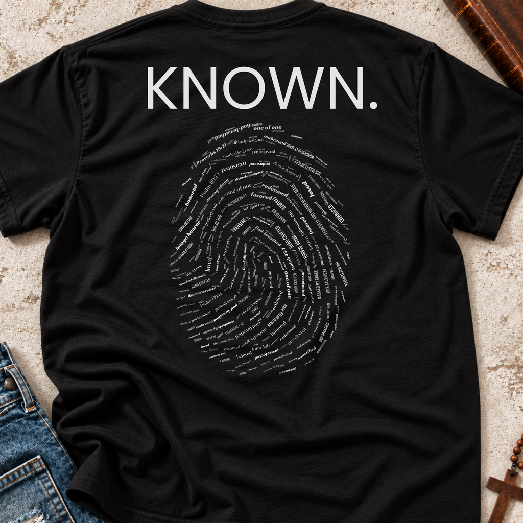 A black short-sleeve T-shirt laid flat on a textured beige surface, with the back printed in white text reading "KNOWN." above a large fingerprint made of small words.