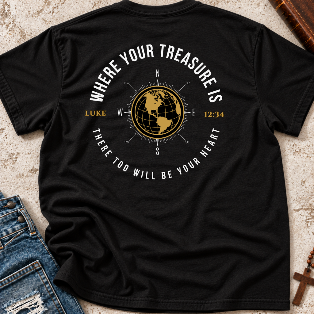 A black shirt with a graphic on it. The graphic features a gold globe compass, the text 'WHERE YOUR TREASURE IS' arched above, and 'THERE TOO WILL BE YOUR HEART' curved below, along with 'LUKE' and the time '12:34'.