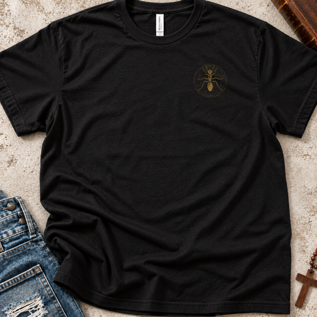 Black Christian shirt with an ant inlaid in a world silhouette