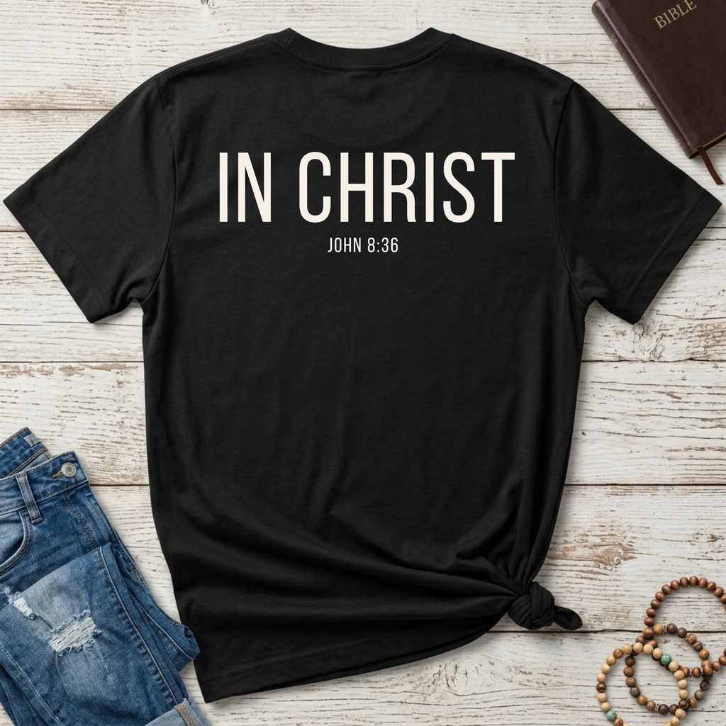 A black short-sleeve T-shirt laid flat on a whitewashed wood surface, with large white text reading 'IN CHRIST' and smaller text 'JOHN 8:36' on the back. The shirt is styled with blue jeans, a brown Bible, and wooden bead bracelets around it.
