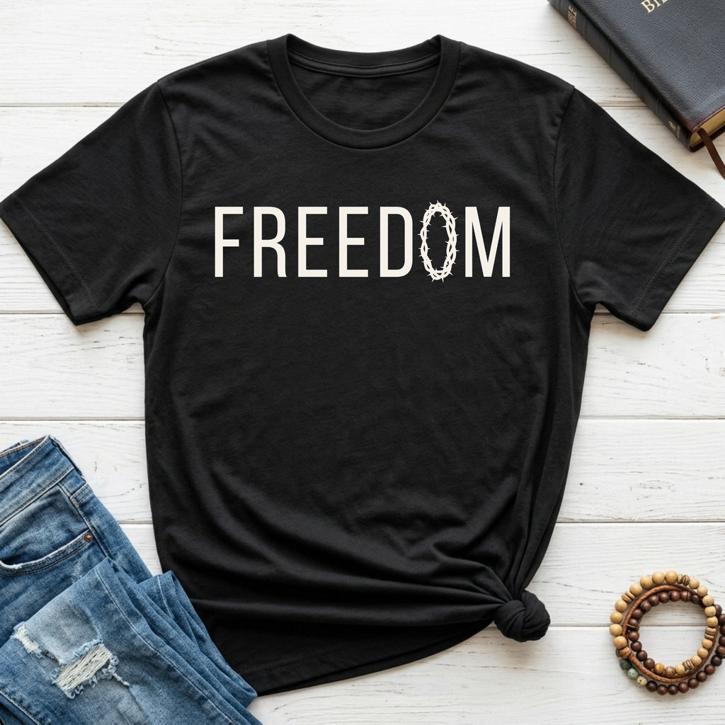 A black short-sleeve graphic T-shirt laid flat on a white wood surface, styled with blue jeans, a book, and a beaded bracelet. The shirt has large white text reading 'STRENGTH IN WEAKNESS' with smaller text '2 CORINTHIANS 12:9' underneath.