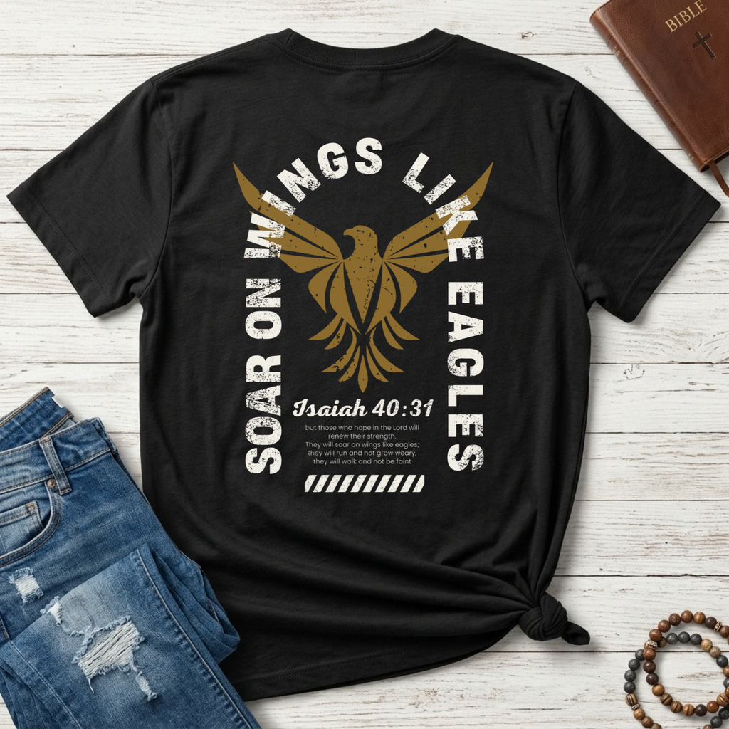 A black short-sleeve Christian graphic T-shirt by SeedSowerGraphics laid flat on a whitewashed wood surface, styled with blue jeans, a brown leather Bible, and a beaded bracelet. The shirt features a large distressed gold eagle graphic with white text reading 'SOAR ON WINGS LIKE EAGLES' and 'Isaiah 40:31' printed below.