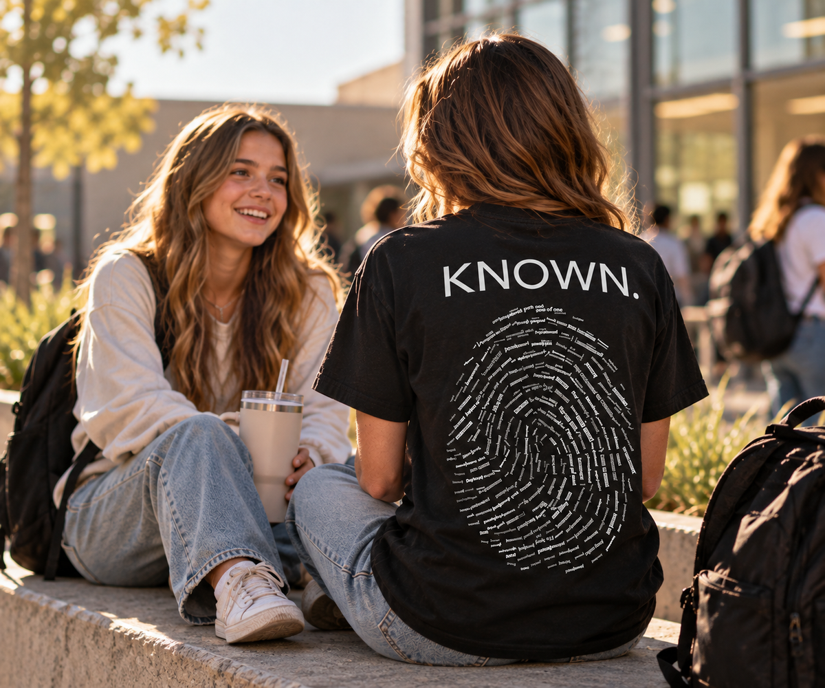 Two young women sitting on a stone ledge outdoors, with the woman facing away from the camera wearing a black Christian t-shirt by SeedSowerGraphics with 'KNOWN.' and a fingerprint graphic printed in white.