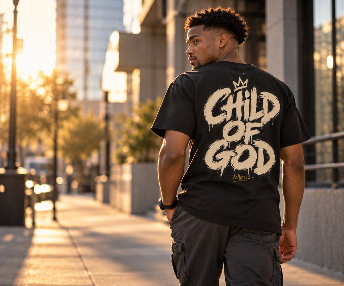 A man wearing a black faith t-shirt with a large white and gold graphic reading 'CHILD OF GOD' on the back, walking on a city sidewalk during golden hour.