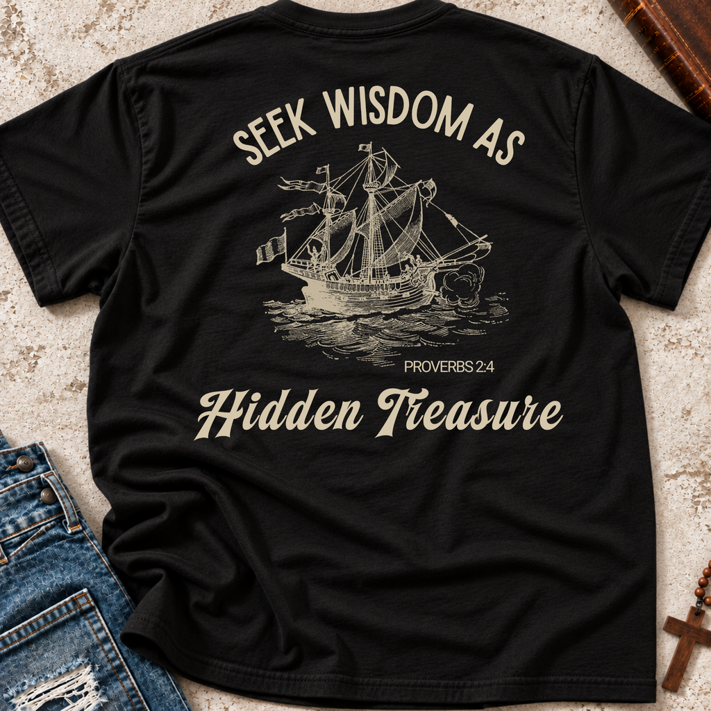 Black shirt that has the words in an arc "seek wisdom as' with a sketched sailboat and the verse Proverbs 2:4 beside it and in big words "Hidden Treasure underneath the image.