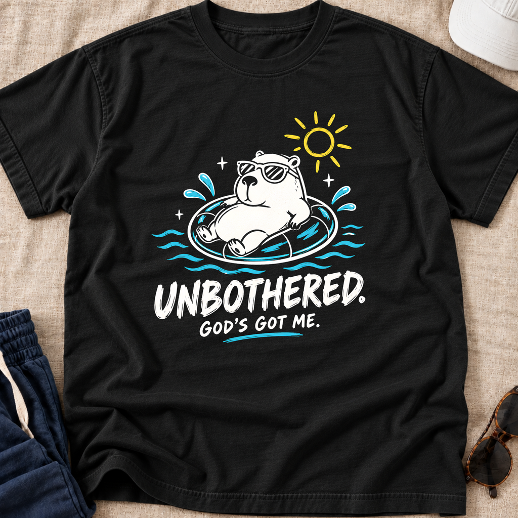 A black short-sleeve Christiangraphic T-shirt by SeedSowerGraphics laid flat on a beige fabric surface with styled props. The shirt features a cartoon capybara wearing sunglasses and floating in a pool float, with blue water splashes, a yellow sun, and the text 'UNBOTHERED.
