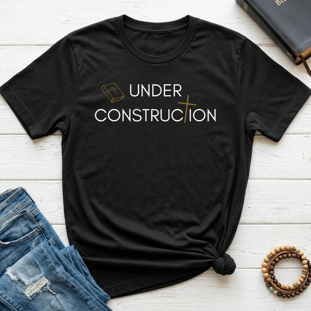 A black short-sleeve t-shirt with a 'UNDER CONSTRUCTION' graphic in white and gold, styled in a flat-lay arrangement with blue jeans, a wooden bead bracelet, and a black leather journal on a white wood plank background.