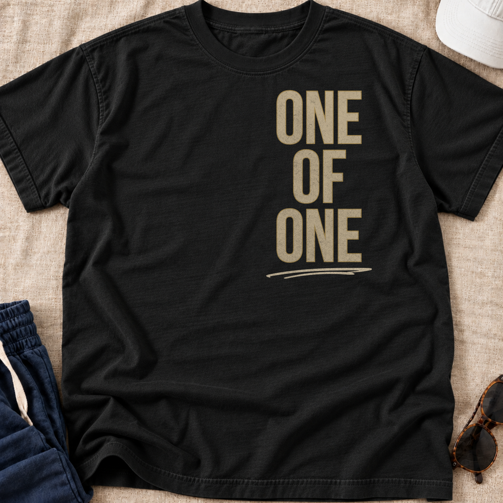 A black short-sleeve t-shirt with the words 'ONE OF ONE' printed in a bold tan serif font on the front, laid flat on a beige textured fabric background with partial styling props visible at the edges.
