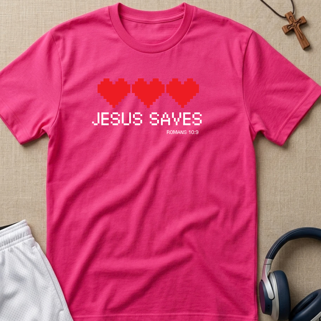 A Heliconia Christian t-shirt by SeedSowerGraphics laid flat on a cream surface, featuring a graphic of four red pixel hearts and the text 'JESUS SAVES ROMANS 10:9' in white. The shirt is styled with a wooden cross, white gym shorts, and headphones.