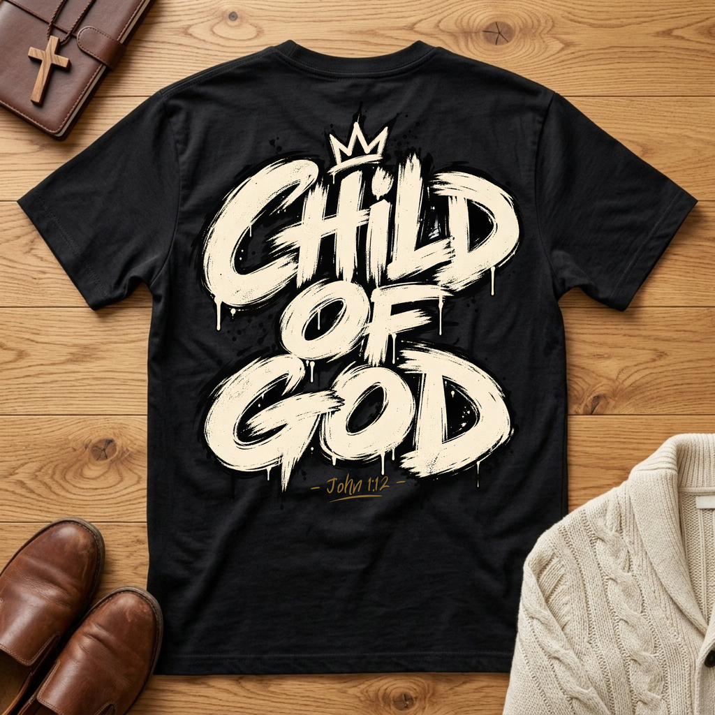 A black short-sleeve T-shirt laid flat on a wooden surface, featuring a large cream graffiti-style 'CHILD OF GOD' graphic with a small crown above and 'John 1:12' below in gold. Brown shoes, a brown leather cross bag, and a cream cable-knit sweater are partially visible around it as styling props.