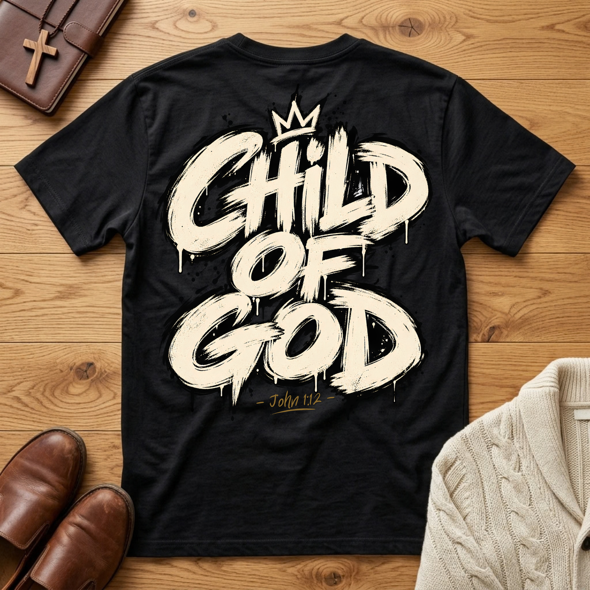 A black short-sleeve T-shirt laid flat on a wooden surface, featuring a large cream graffiti-style 'CHILD OF GOD' graphic with a small crown above and 'John 1:12' below in gold. Brown shoes, a brown leather cross bag, and a cream cable-knit sweater are partially visible around it as styling props.