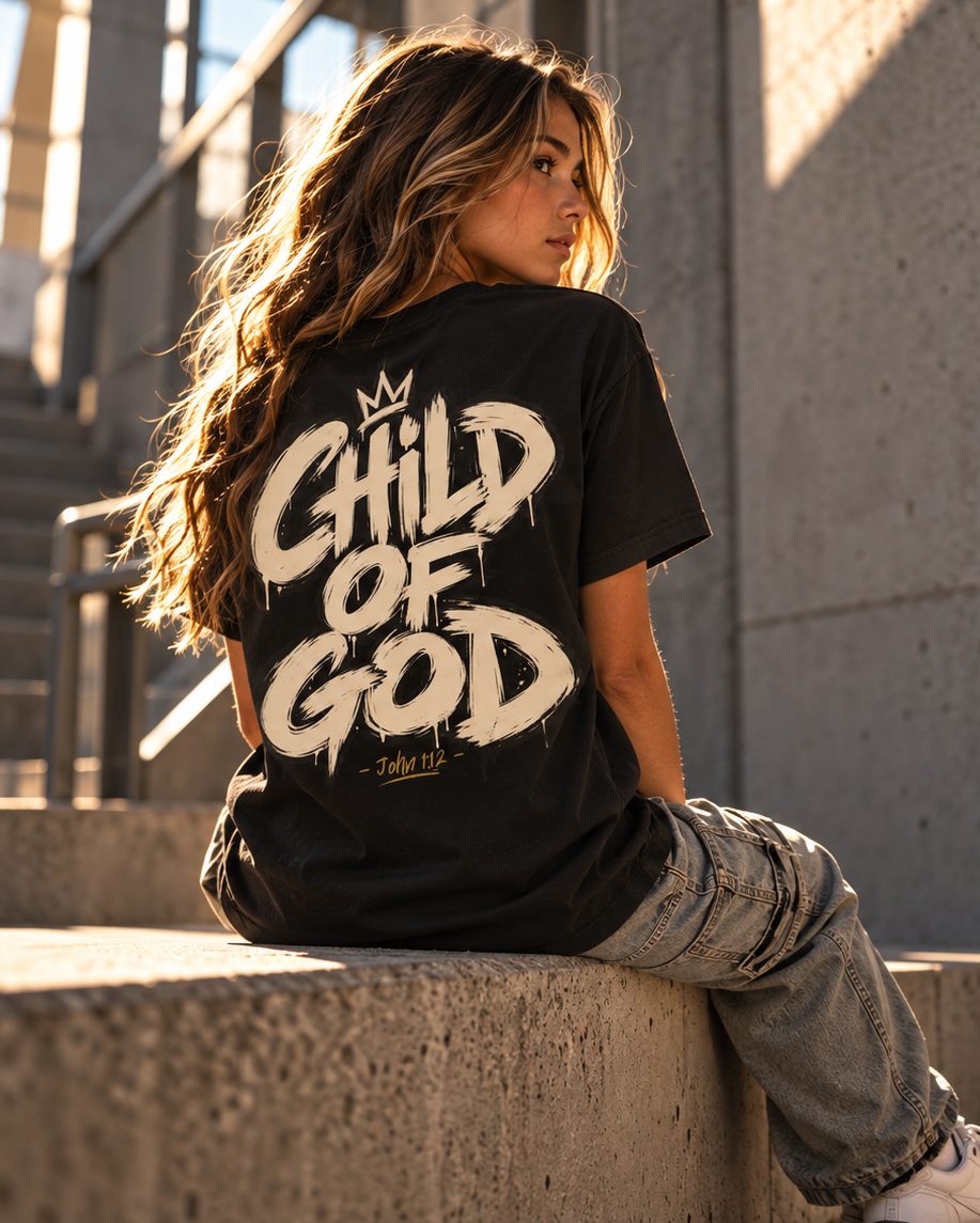 A woman sits on concrete steps outdoors, wearing a black graphic T-shirt with large distressed white text reading 'CHILD OF GOD' and gray jeans.