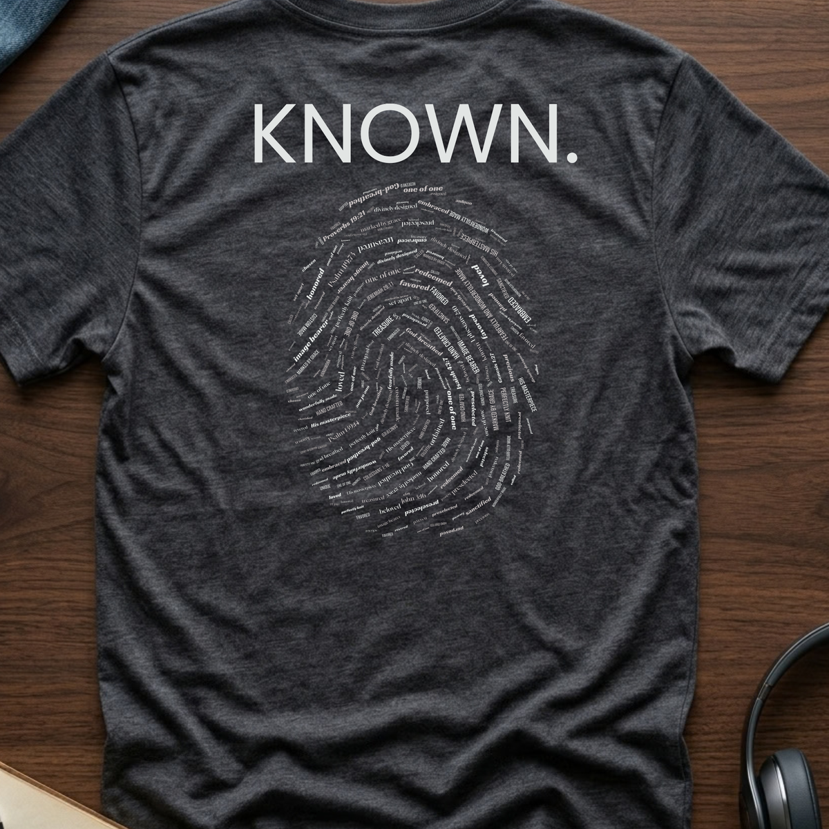 A dark heather gray t-shirt laid flat on a wooden surface, featuring the word 'KNOWN.' in white block letters above a white fingerprint graphic made of small text.