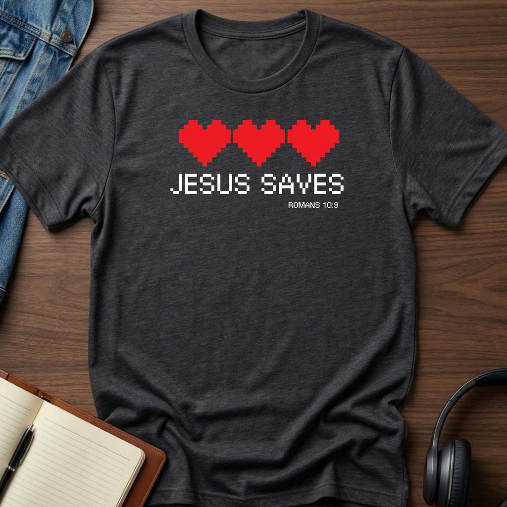 A dark heather gray t-shirt laid flat on a wooden surface, featuring a graphic of four red pixel hearts and the text 'JESUS SAVES ROMANS 10:9' in white. The shirt is styled with a denim jacket, an open notebook, and headphones.