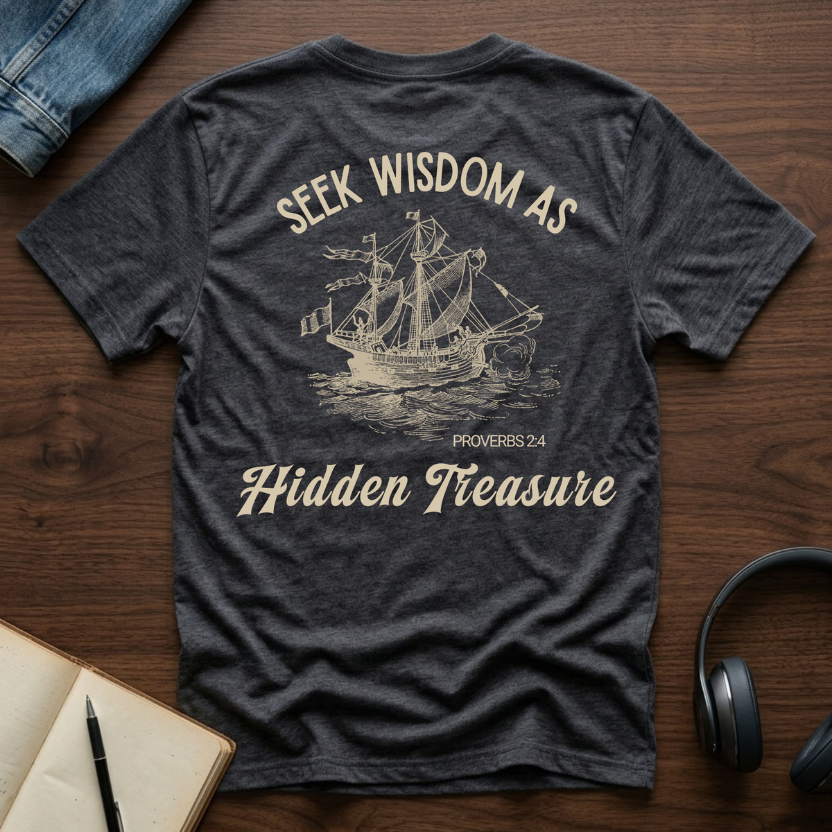 A dark heather gray graphic t-shirt laid flat on a wooden desk, featuring a vintage-style cream print of a sailing ship and the text 'SEEK WISDOM AS Hidden Treasure PROVERBS 2:4'. The shirt is styled with a denim jacket, an open notebook, a pen, and headphones.