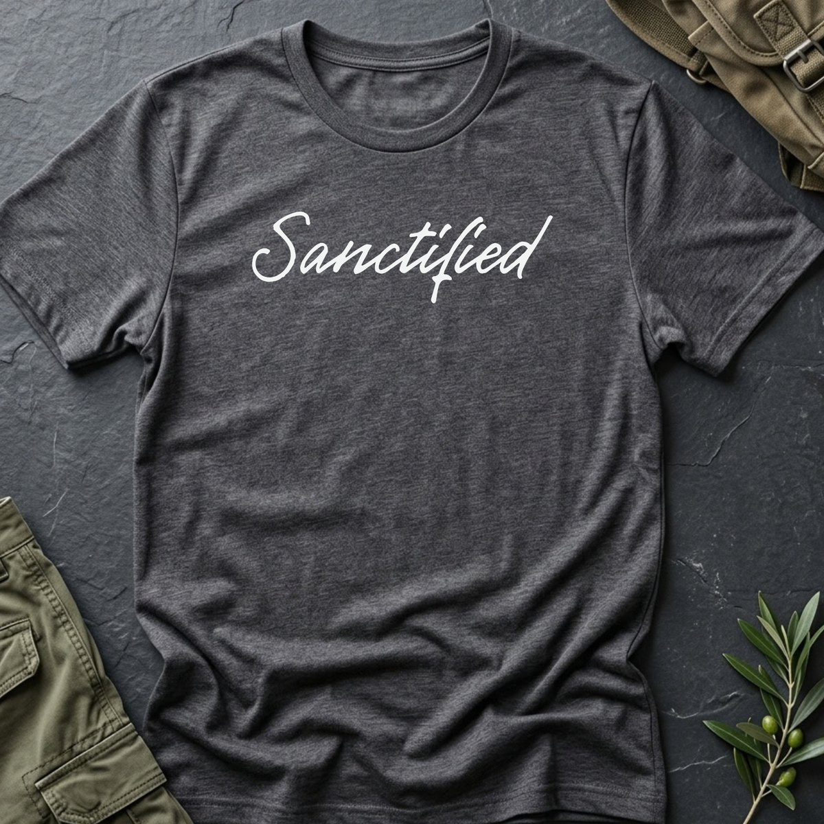 A dark heather gray t-shirt with the word 'Sanctified' printed in white script across the chest, styled in a flat lay with olive cargo pants, a green leafy sprig, and a brown bag on a dark textured background.