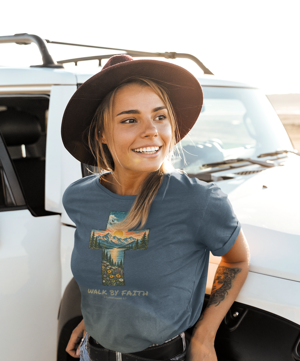 A woman wearing a slate blue Bible verse t-shirt with a cross-shaped mountain landscape graphic and the text 'WALK BY FAITH' stands in front of a white vehicle.