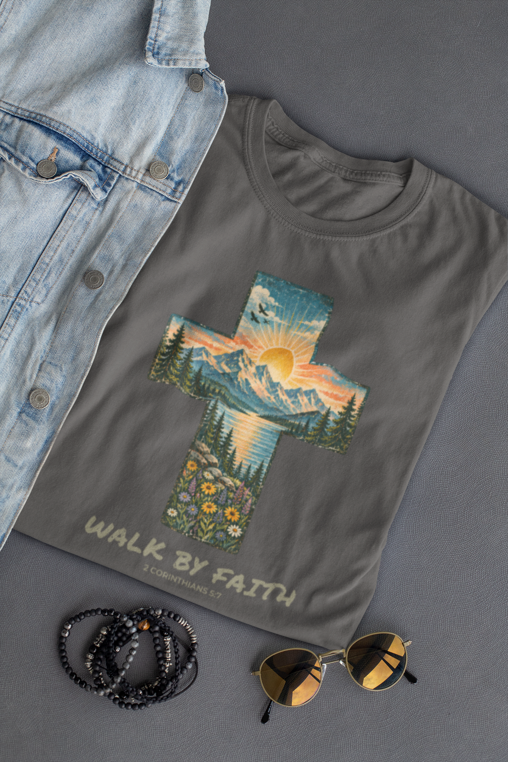 A dark gray Christian  graphic t-shirt laid flat on a gray surface, styled with a light blue denim jacket, black beaded bracelets, and sunglasses. The t-shirt features a large cross graphic filled with a sunset mountain landscape and the text 'WALK BY FAITH' and '2 CORINTHIANS 5:7'.