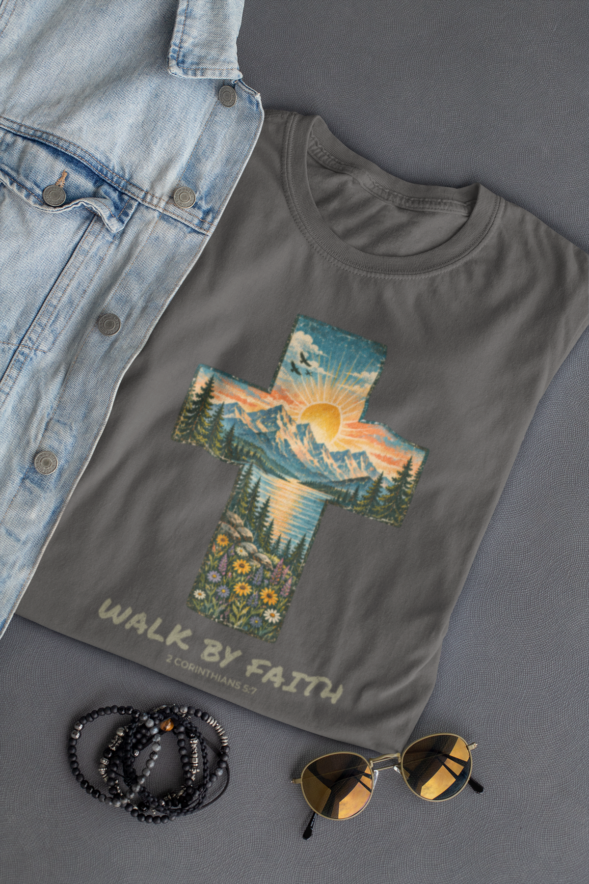 A dark gray Christian  graphic t-shirt laid flat on a gray surface, styled with a light blue denim jacket, black beaded bracelets, and sunglasses. The t-shirt features a large cross graphic filled with a sunset mountain landscape and the text 'WALK BY FAITH' and '2 CORINTHIANS 5:7'.