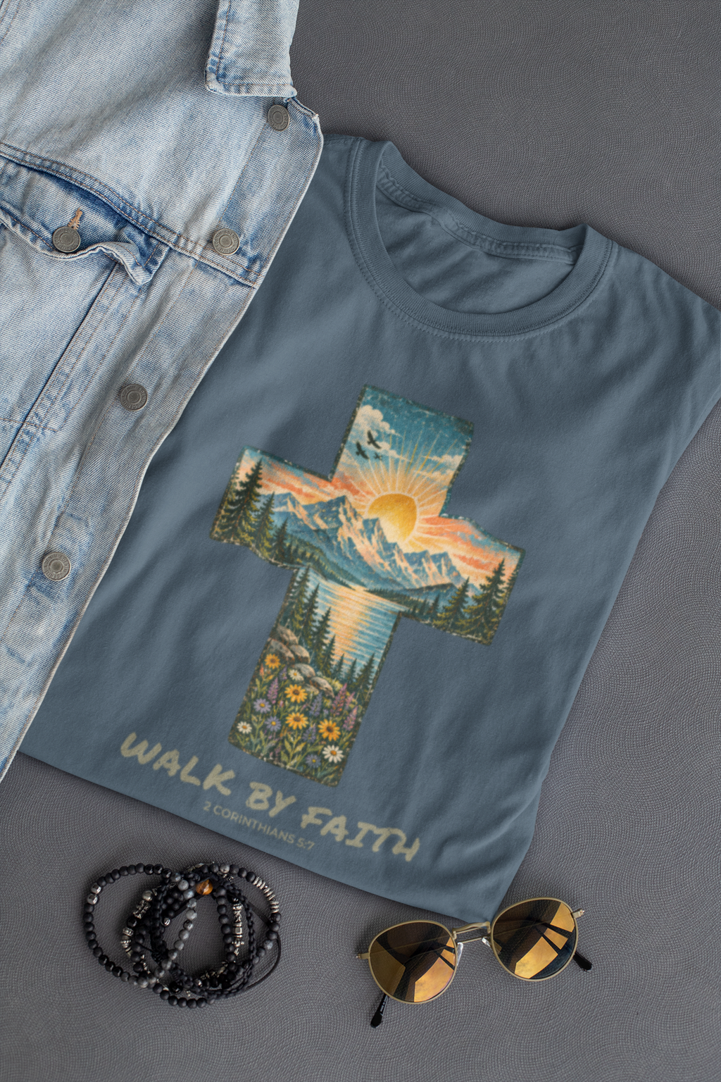 A slate blue Christian graphic T-shirt laid flat on a gray surface, styled with a light denim jacket, black beaded bracelets, and sunglasses. The shirt features a large cross-shaped landscape print with mountains, a lake, flowers, and a sun, plus the text 'WALK BY FAITH' and '2 CORINTHIANS 5:7'.