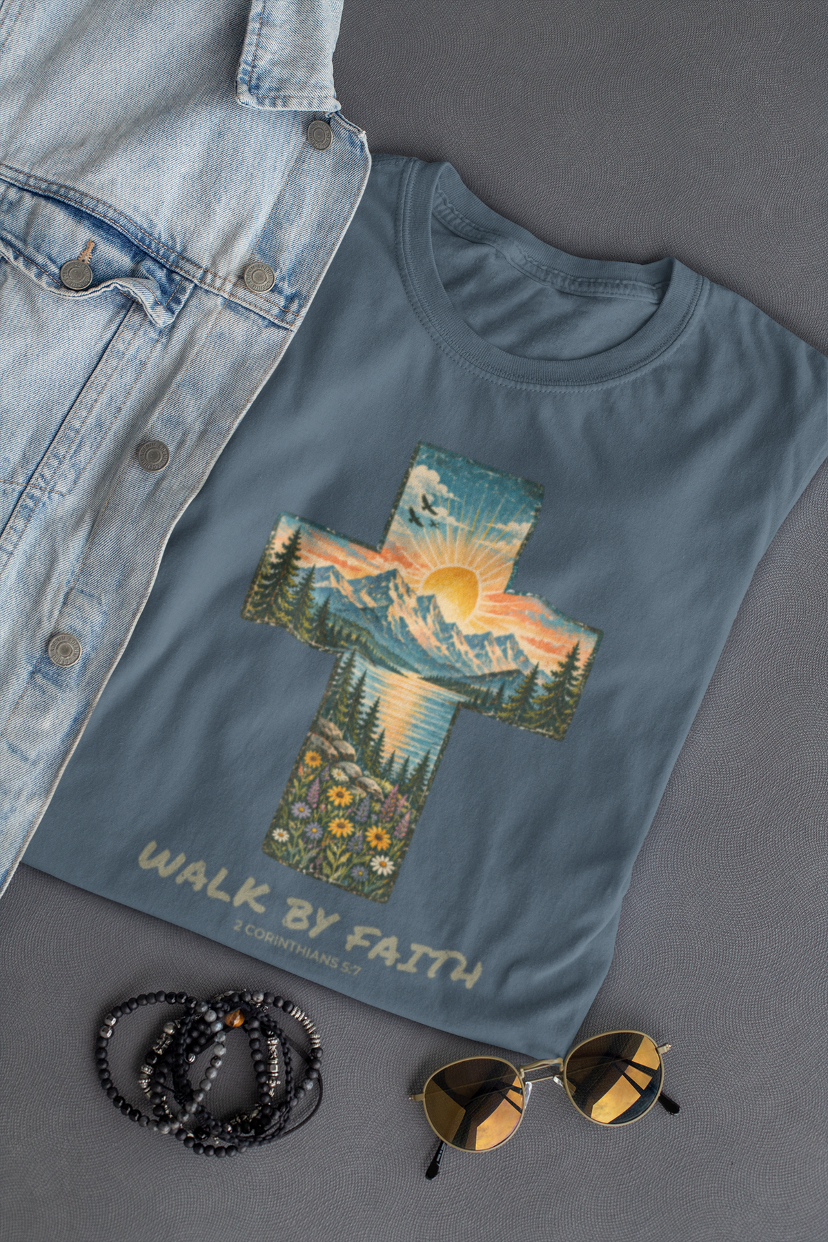 A slate blue Christian graphic T-shirt laid flat on a gray surface, styled with a light denim jacket, black beaded bracelets, and sunglasses. The shirt features a large cross-shaped landscape print with mountains, a lake, flowers, and a sun, plus the text 'WALK BY FAITH' and '2 CORINTHIANS 5:7'.