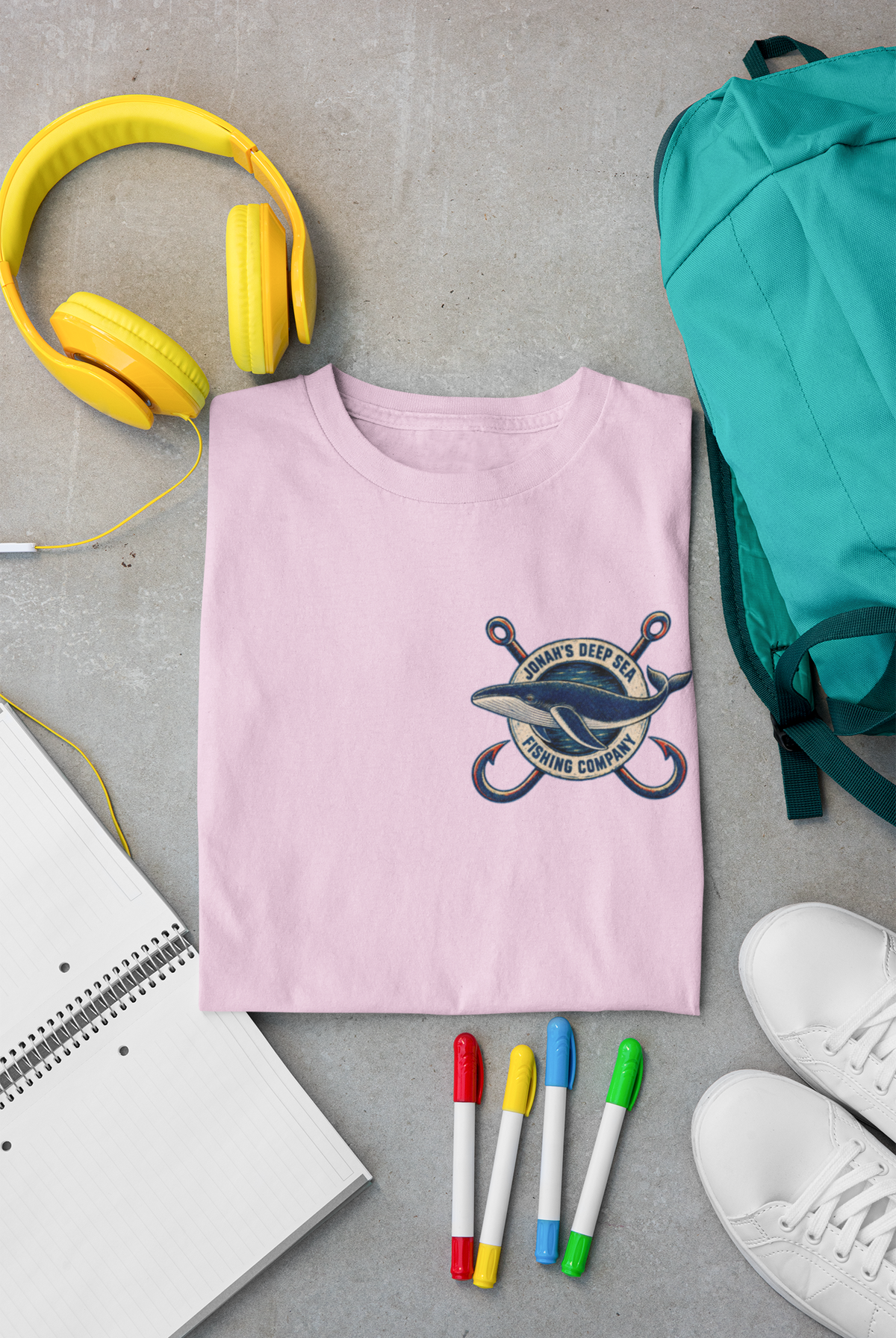 A folded light pink Christian graphic T-shirt by SeedSowerGraphics is laid flat on a gray surface, surrounded by styled props including yellow headphones, a teal backpack, a spiral notebook, colored markers, and white sneakers. The shirt has a shark graphic with crossed anchors and the text 'Jonah's deep sea fishing company.