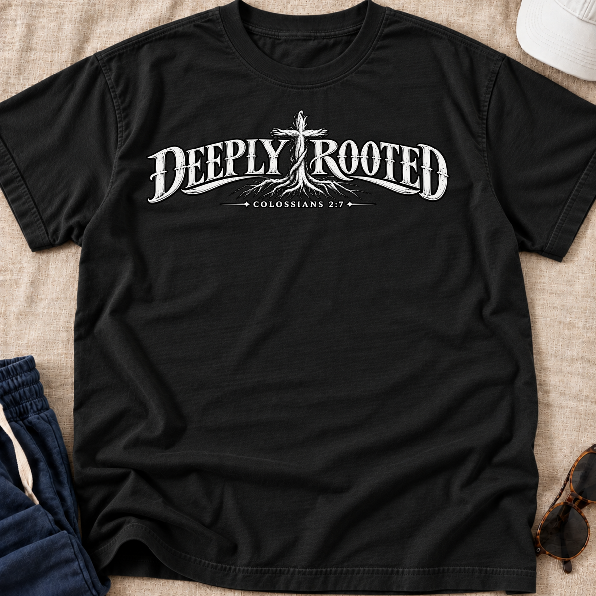 A black short-sleeve crewneck t-shirt laid flat on a beige textured fabric background. The shirt features a white graphic print of vertical tree silhouettes above the words 'ponder your path' in a clean sans-serif font.