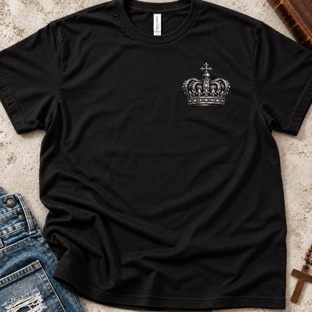 black Christian graphic shirt by SeedSowerGraphics with a crown on the top left part of the chest
