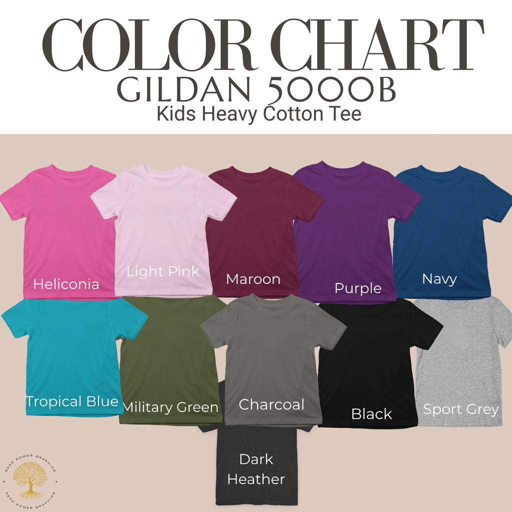 A color chart graphic for Gildan 5000B kids heavy cotton tees, showing multiple shirt color options arranged in rows with labels including Heliconia, Light Pink, Maroon, Purple, Navy, Tropical Blue, Military Green, Charcoal, Black, Sport Grey, and Dark Heather.