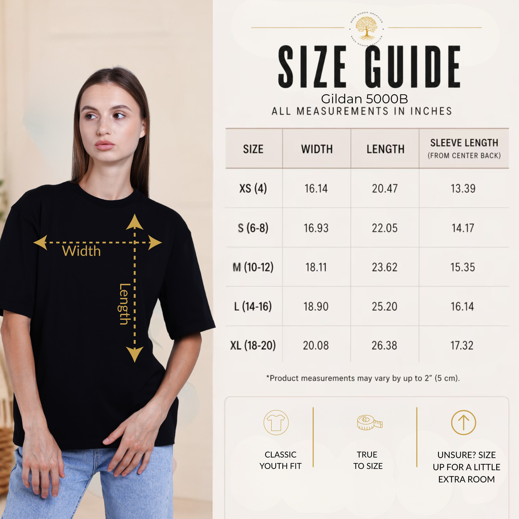 A size guide graphic for the Gildan 500B Gildan t-shirt provided by SeedSowerGraphics, featuring a model wearing a black crewneck tee on the left with dimension arrows indicating width and length, and a detailed sizing table on the right.