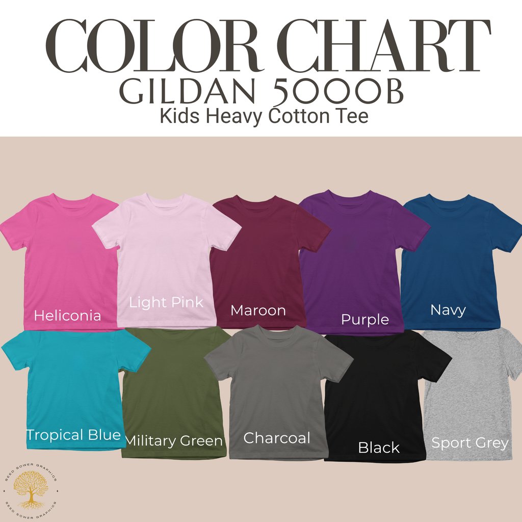 A color chart graphic for Uncommon Apparel's Gildan 5000B Kids Heavy Cotton Tee provided by SeedSowerGraphics. The image displays ten different solid-colored t-shirts arranged in two rows, labeled with their respective color names (Heliconia, Light Pink, Maroon, Purple, Navy, Tropical Blue, Military Green, Charcoal, Black, and Sport Grey).