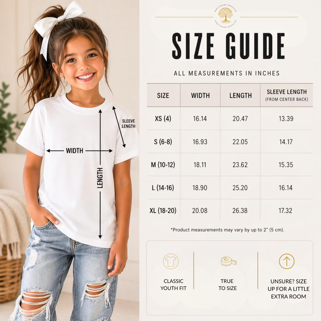 Gildan 5000B youth size chart from SeedSowerGraphics