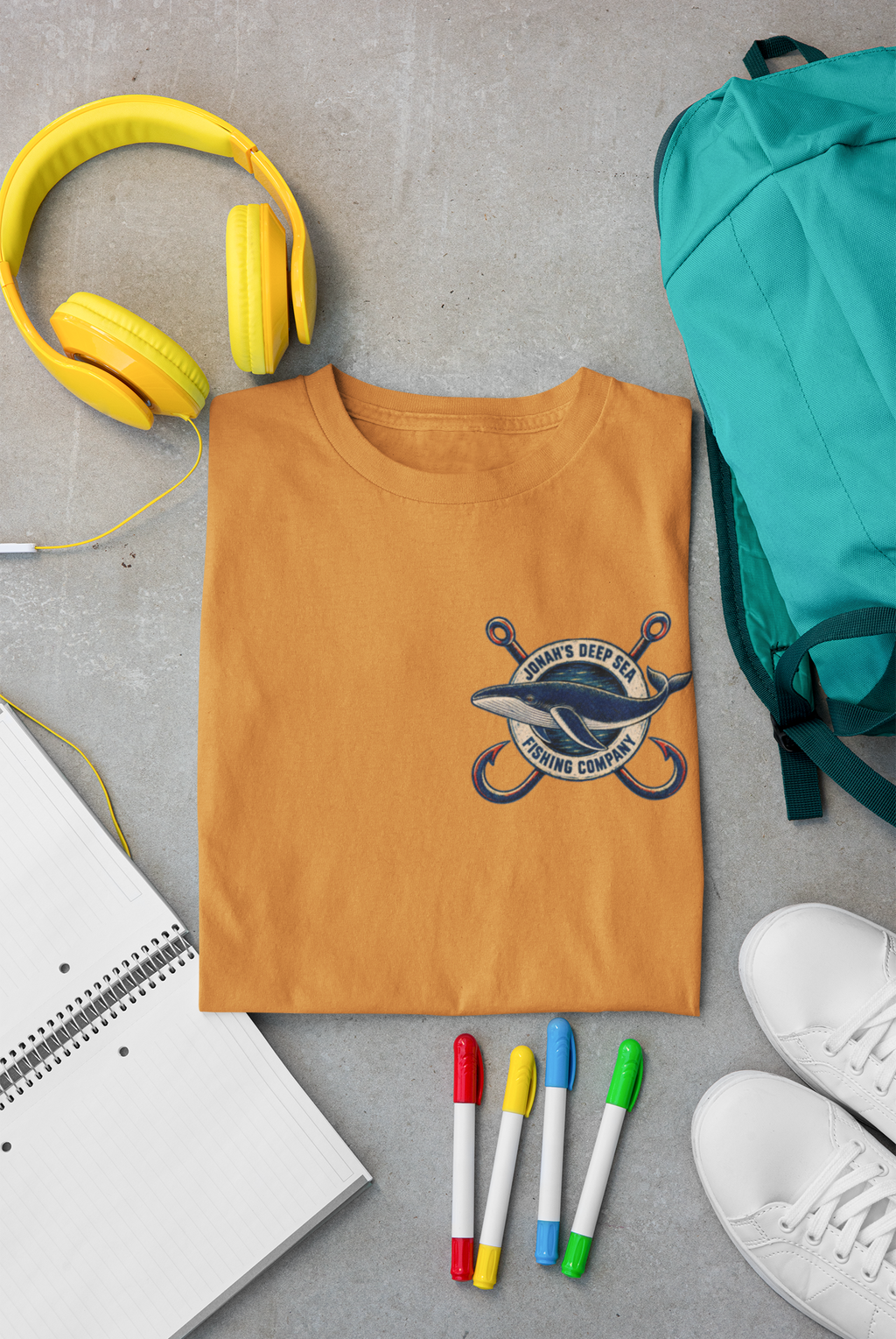 A folded orange Christian graphic T-shirt by SeedSowerGraphics with a whale graphic and the words 'Jonah's Deep Sea Fishing Company' is arranged in a flat lay on a gray surface, surrounded by yellow headphones, a teal backpack, a notebook, colored markers, and white sneakers.